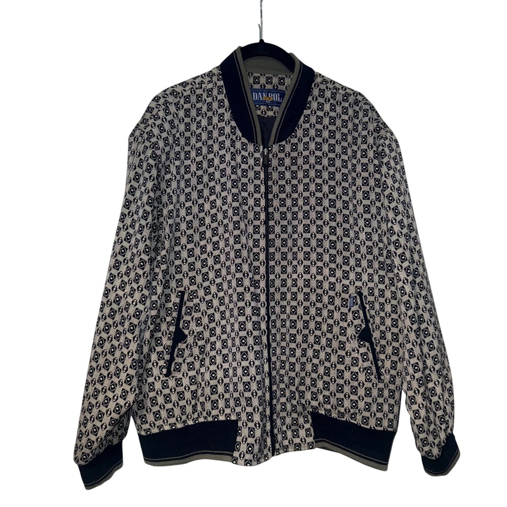 Danpol Vintage Geometric Medallion Bomber Jacket Mens XL Black Rayon Blend